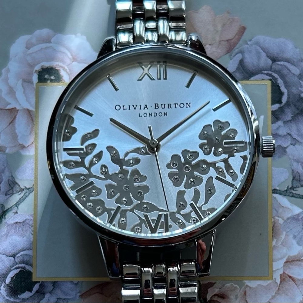 Olivia Burton All Silver Bejewelled Watch With 34mm Lace Detail Floral Face.